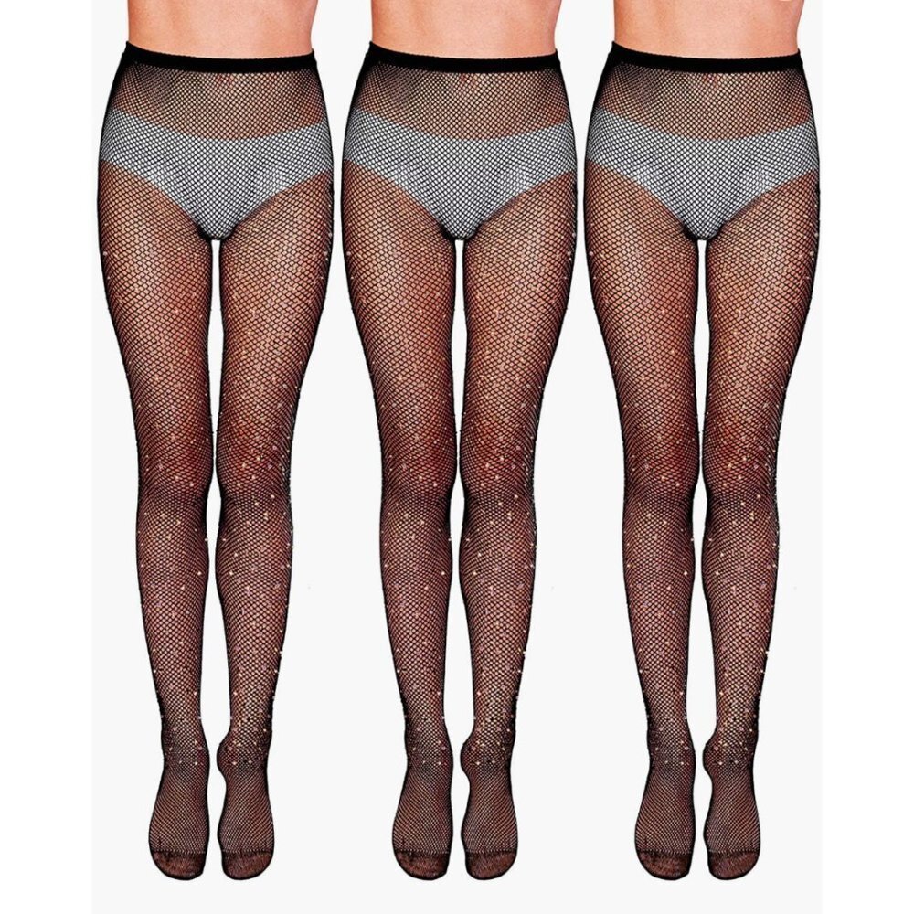 PACK OF 3 PAIRS!!! Black AB Crystal Rhinestone Mesh Fishnet‎ Tights Pantyhose - Picture 2 of 9